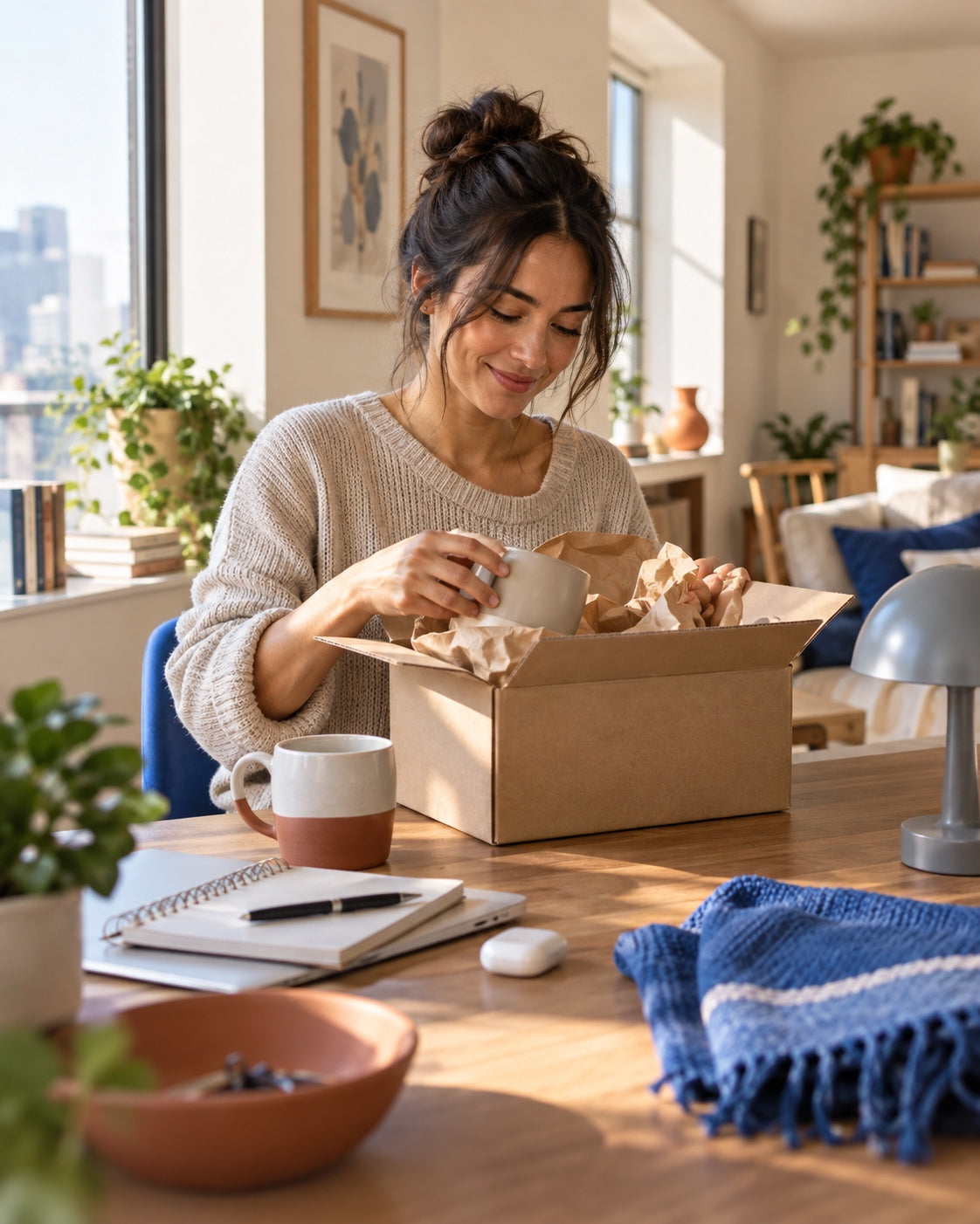 A shopper opening a parcel at a sunlit table surrounded by thoughtful everyday objects